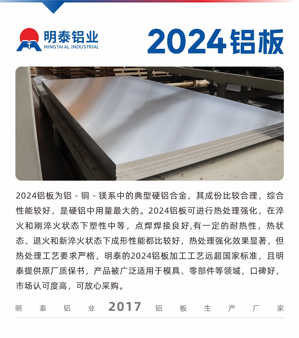2024鋁板為鋁－銅－鎂系中的典型硬鋁合金，其成份比較合理，綜合性能較好，是硬鋁中用量最大的。2024鋁板可進(jìn)行熱處理強(qiáng)化，在淬火和剛淬火狀態(tài)下塑性中等，點(diǎn)焊焊接良好,有一定的耐熱性，熱狀態(tài)、退火和新淬火狀態(tài)下成形性能都比較好，熱處理強(qiáng)化效果顯著，但熱處理工藝要求嚴(yán)格，明泰的2024鋁板加工工藝遠(yuǎn)超國家標(biāo)準(zhǔn)，且明泰提供原廠質(zhì)保書，產(chǎn)品被廣泛適用于模具、零部件等領(lǐng)域，口碑好，市場認(rèn)可度高，可放心采購。
