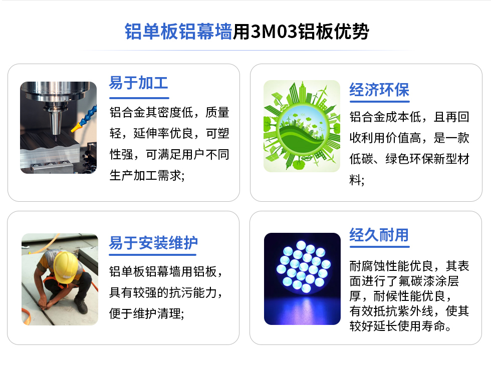 鋁單板鋁幕墻用3M03鋁板優(yōu)勢(shì)
易于加工
鋁合金其密度低，質(zhì)量輕，延伸率優(yōu)良，可塑性強(qiáng)，可滿足用戶不同生產(chǎn)加工需求;
易于安裝維護(hù)
鋁單板鋁幕墻用鋁板具有較強(qiáng)的抗污能力，便于維護(hù)清理;
經(jīng)濟(jì)環(huán)保
鋁合金成本低，且再回收利用價(jià)值高，是一款低碳、綠色環(huán)保新型材料，
經(jīng)久耐用
耐腐蝕性能優(yōu)良，其表面進(jìn)行了氟碳漆涂層厚，耐候性能優(yōu)良，有效抵抗紫外線，使其較好延長(zhǎng)使用壽命。